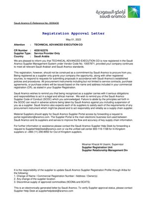 Preview of the Saudi Aramco Registration Approval Letter