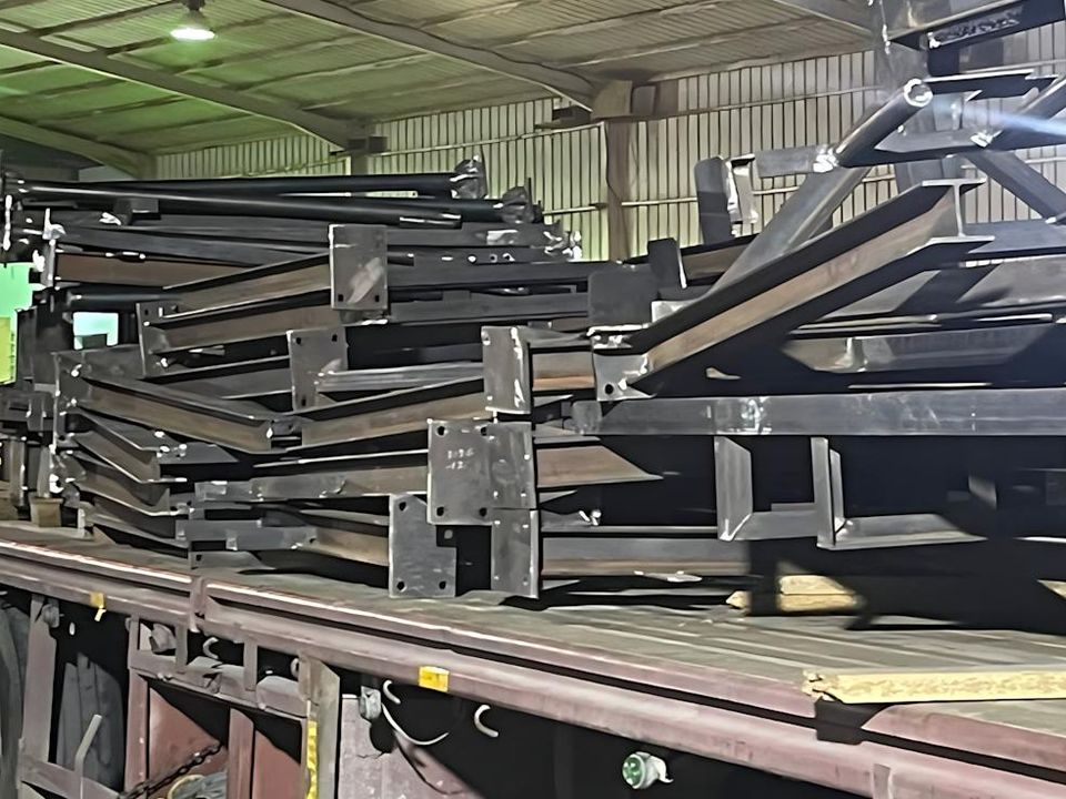 Fabricated structural steel members on a trailer